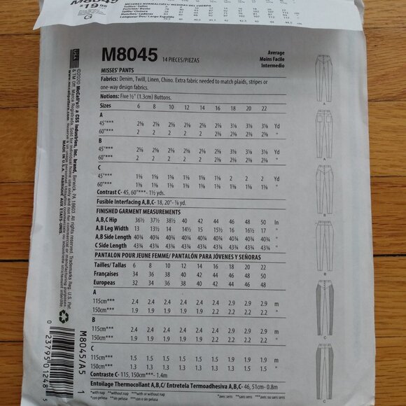 Jeans Pants Sewing Pattern Yoked Button Fly Front Size 6-14 UNCUT McCall's 8045 - Picture 6 of 10